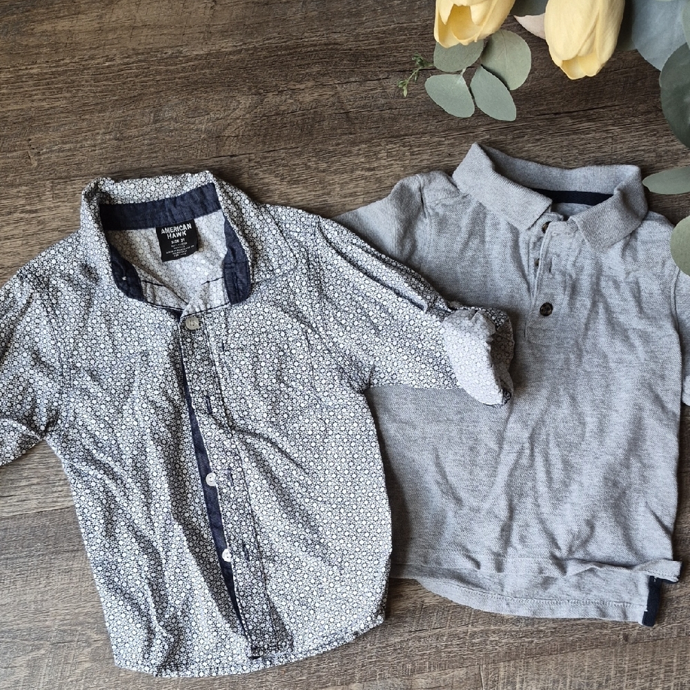 Kids Gray and Patterned Button Down Shirts 3T Polo